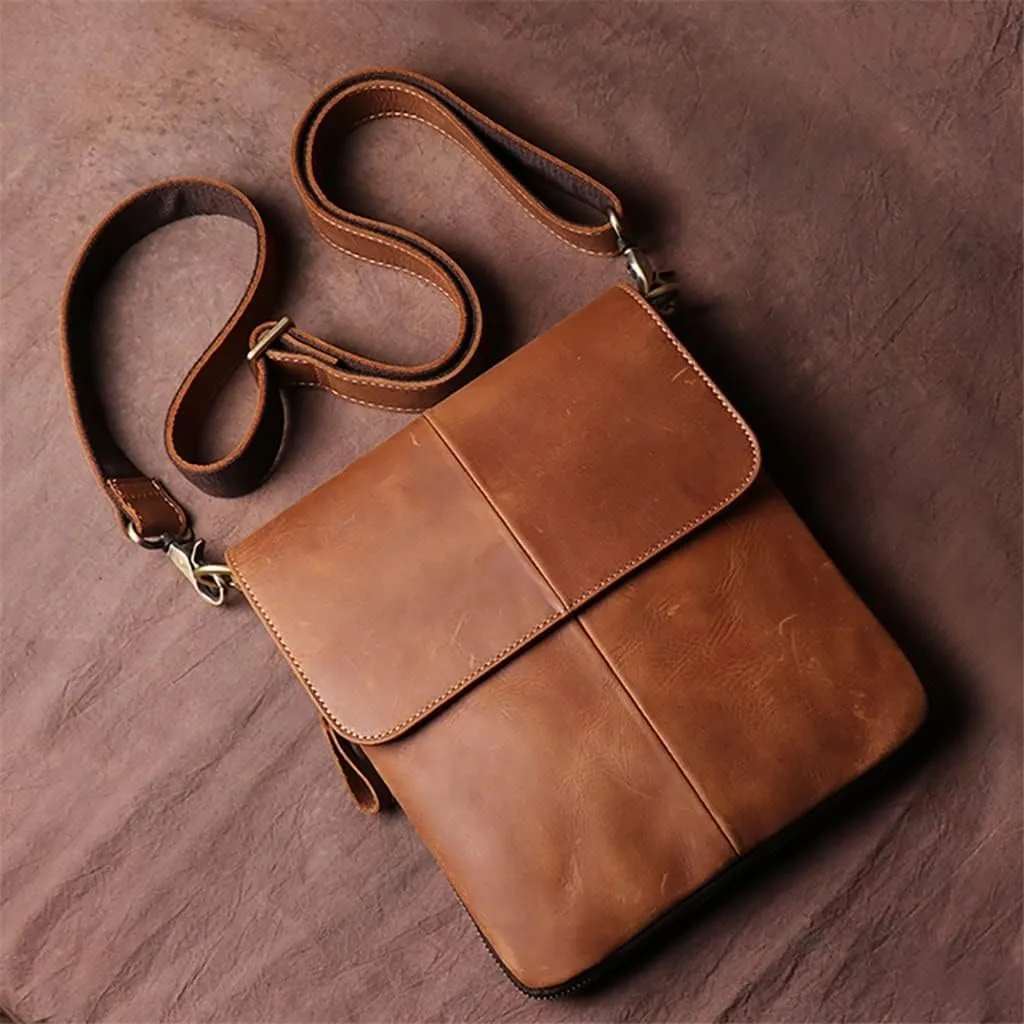 Men's Handmade Vintage Leather Bag Casual Leather Shoulder Bag Standing Versatile Crossbody Bag for 8"