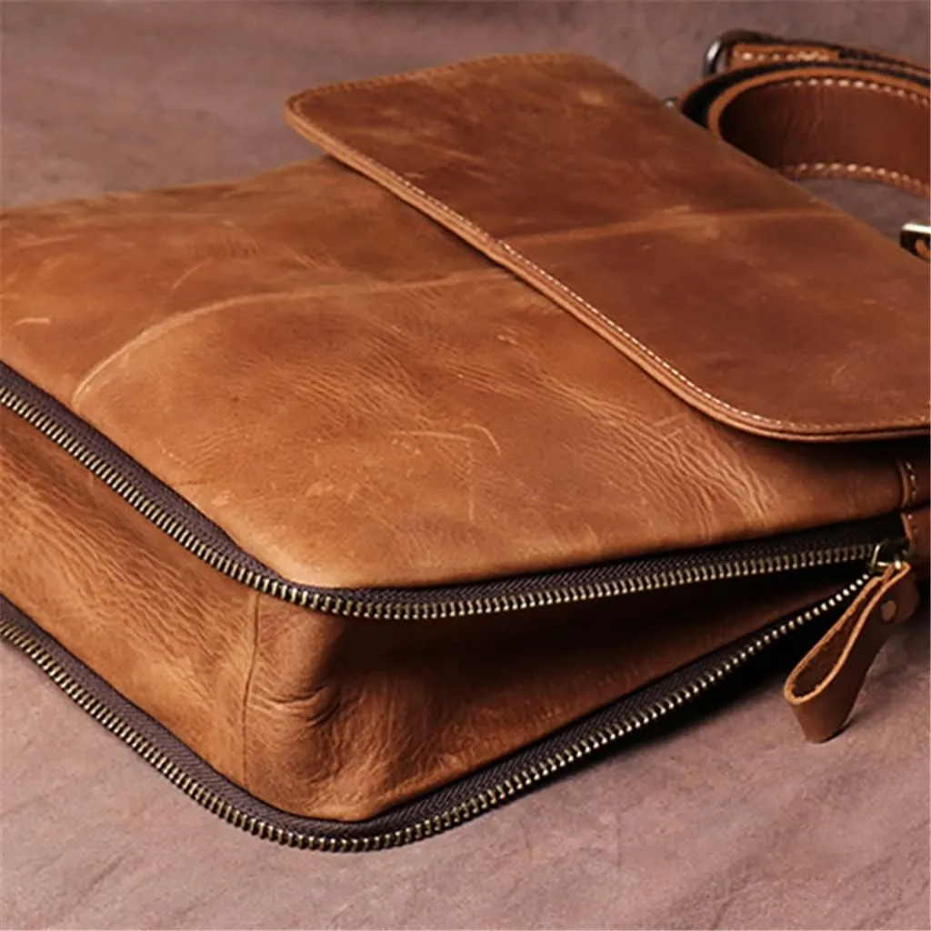 Men's Handmade Vintage Leather Bag Casual Leather Shoulder Bag Standing Versatile Crossbody Bag for 8"