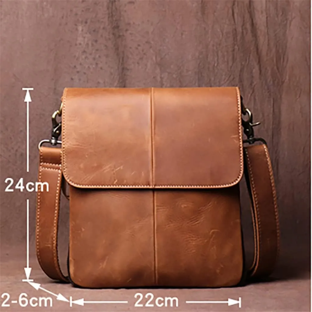 Men's Handmade Vintage Leather Bag Casual Leather Shoulder Bag Standing Versatile Crossbody Bag for 8"