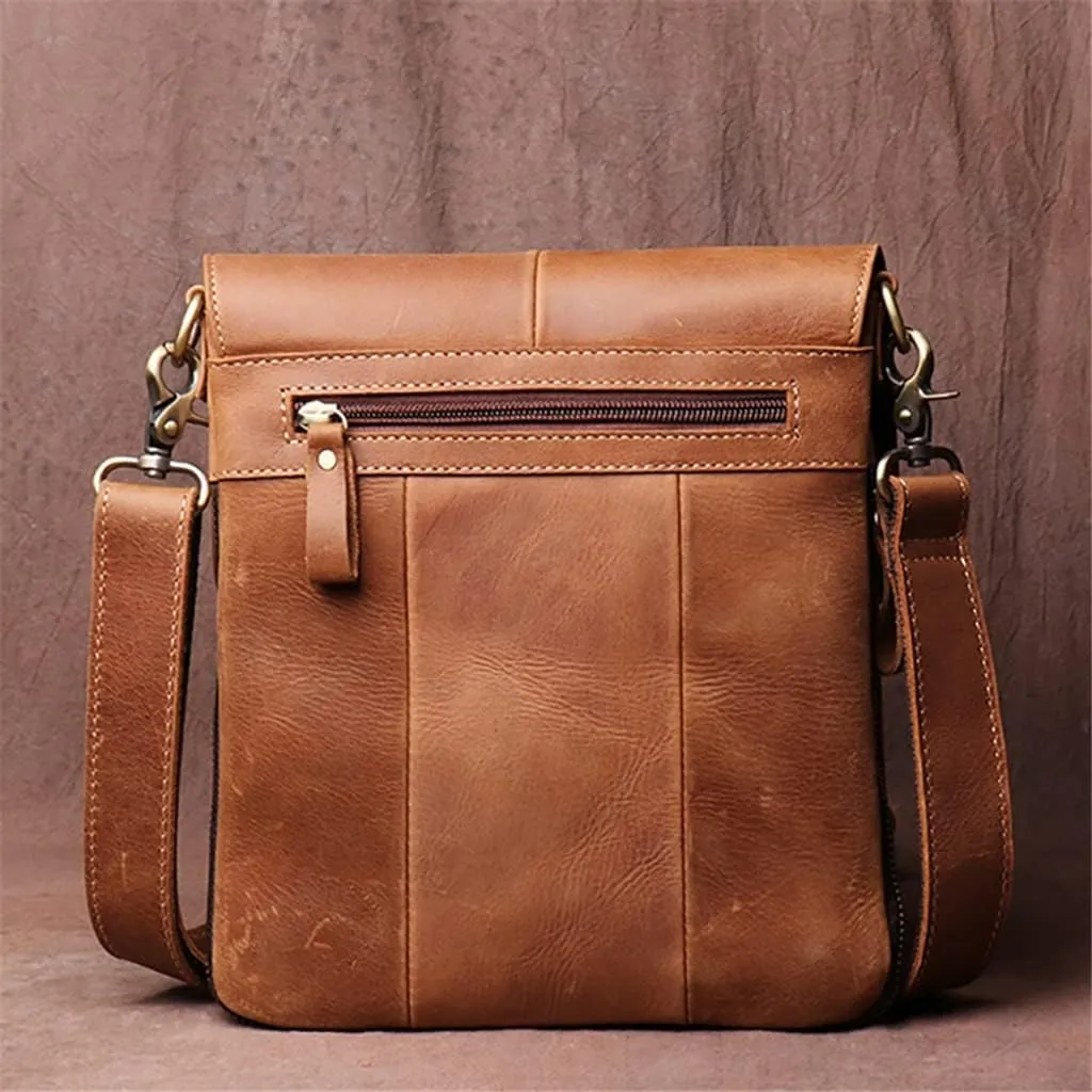 Men's Handmade Vintage Leather Bag Casual Leather Shoulder Bag Standing Versatile Crossbody Bag for 8"