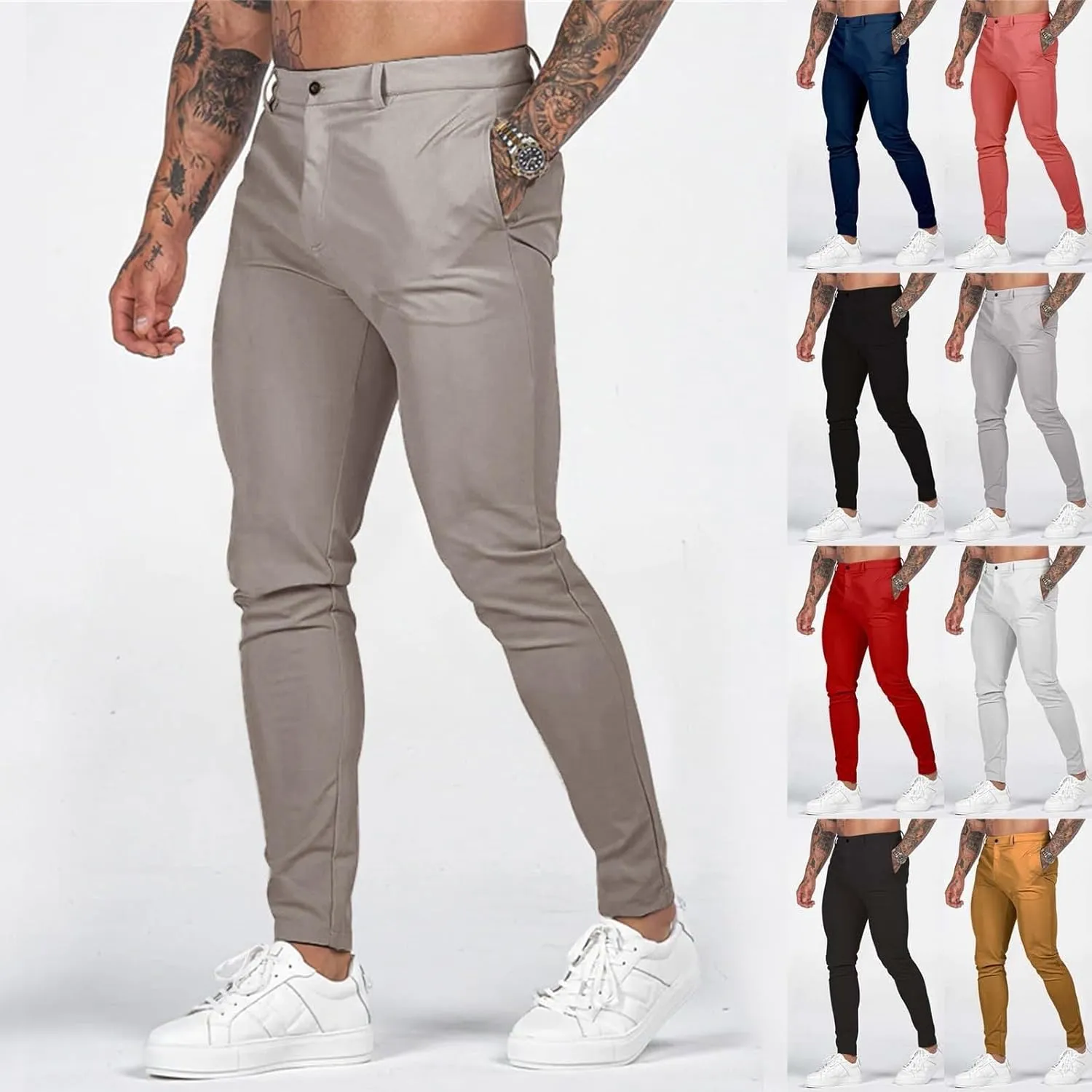 Mens Slim Fit Casual Pants Stretch Cotton Chinos Pants Tapered Lightweight Breathable Casual Golf Business Skinny Dress Pants