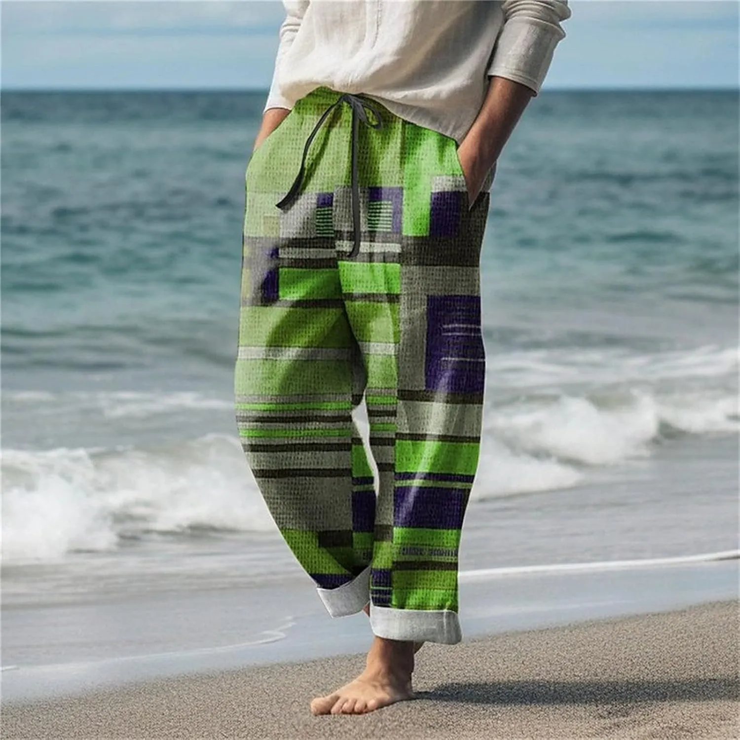 Mens Summer Beach Trousers Drawstring Elastic Waist Pattern Color Block Geometric Pants Combat Breathable Holiday Casual Pant