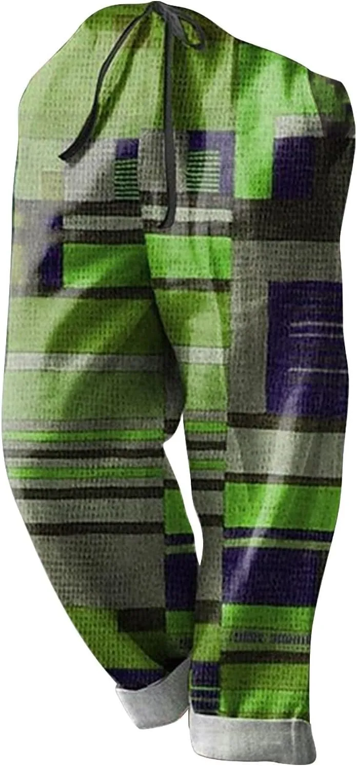 Mens Summer Beach Trousers Drawstring Elastic Waist Pattern Color Block Geometric Pants Combat Breathable Holiday Casual Pant