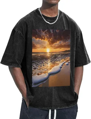 Mens Vintage Cotton T-Shirt, Retro Soft Crewneck Short Sleeve Casual,Gym,Travel Tee for Men, Sunset Beach
