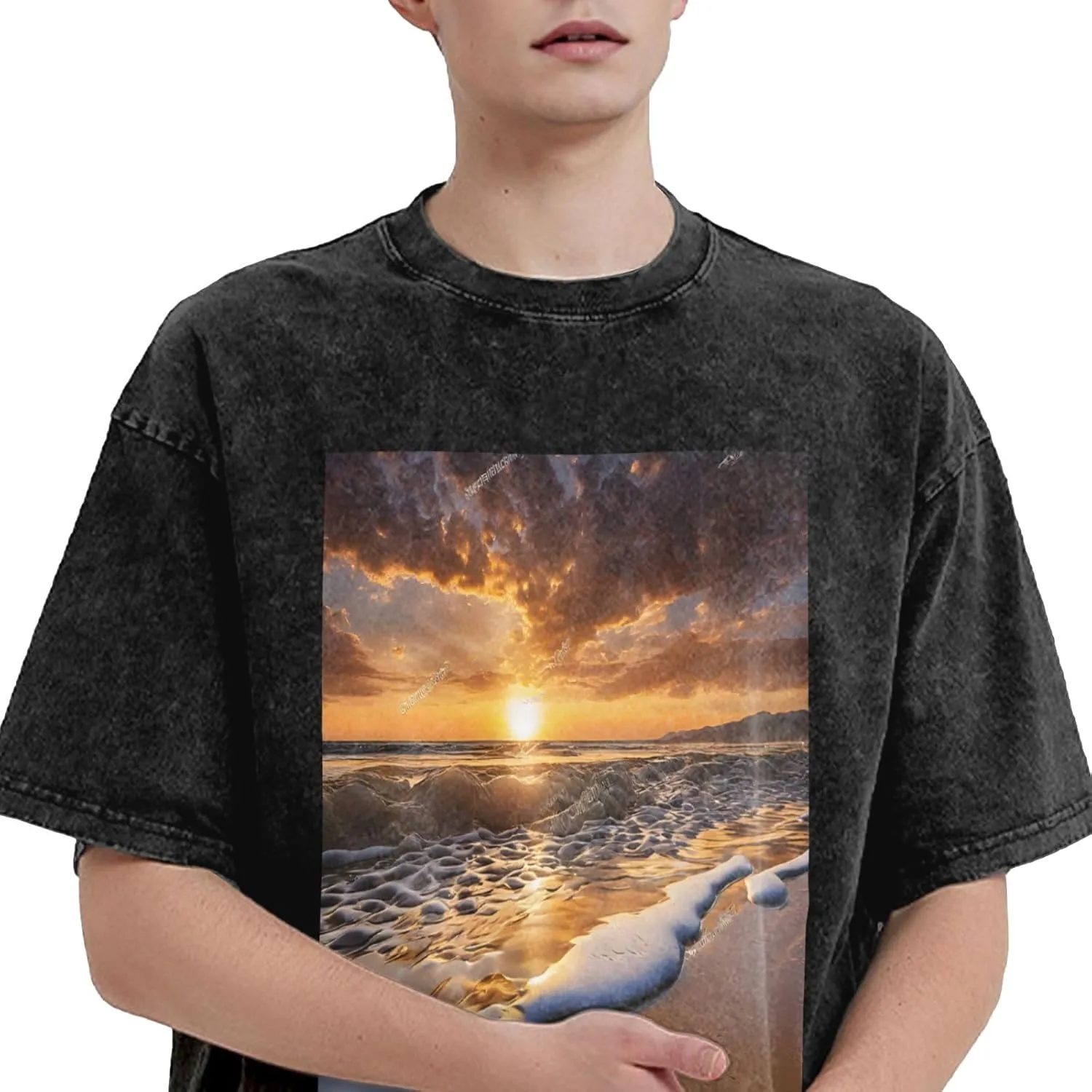 Mens Vintage Cotton T-Shirt, Retro Soft Crewneck Short Sleeve Casual,Gym,Travel Tee for Men, Sunset Beach