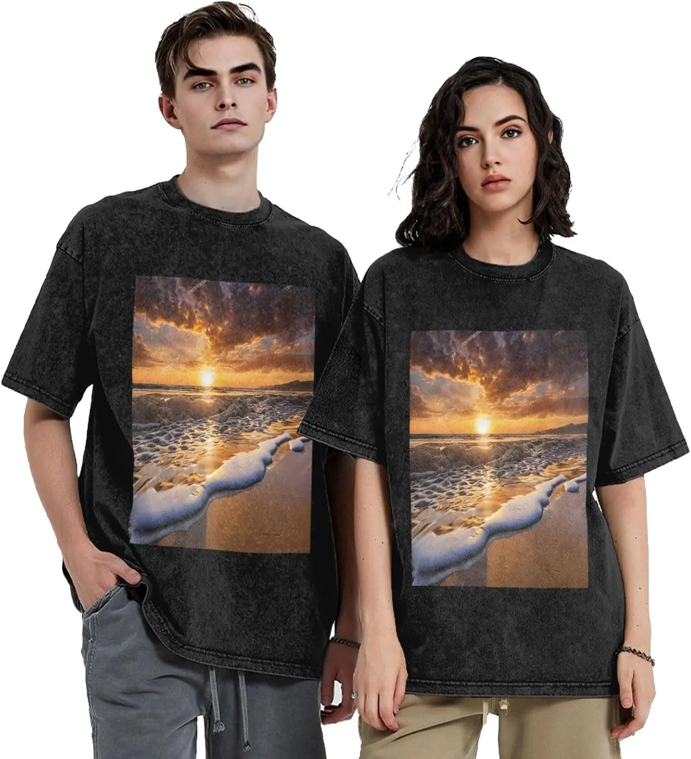Mens Vintage Cotton T-Shirt, Retro Soft Crewneck Short Sleeve Casual,Gym,Travel Tee for Men, Sunset Beach
