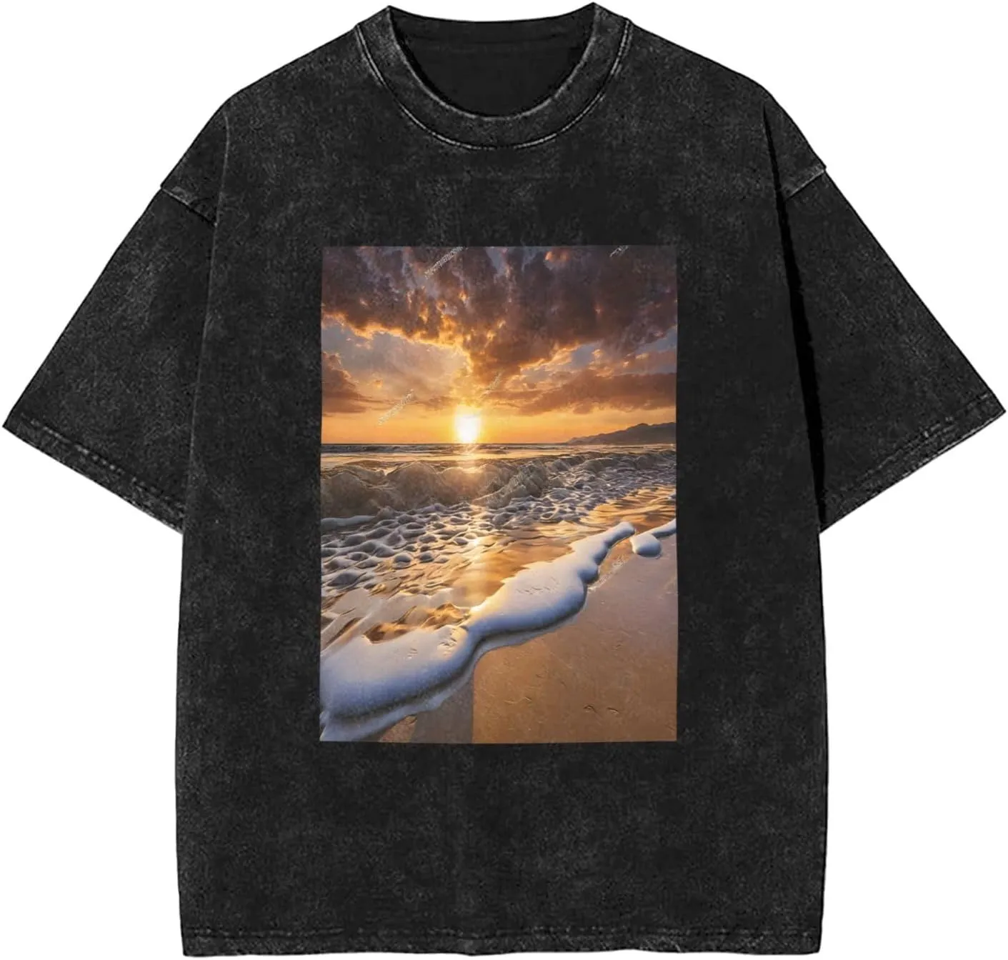 Mens Vintage Cotton T-Shirt, Retro Soft Crewneck Short Sleeve Casual,Gym,Travel Tee for Men, Sunset Beach