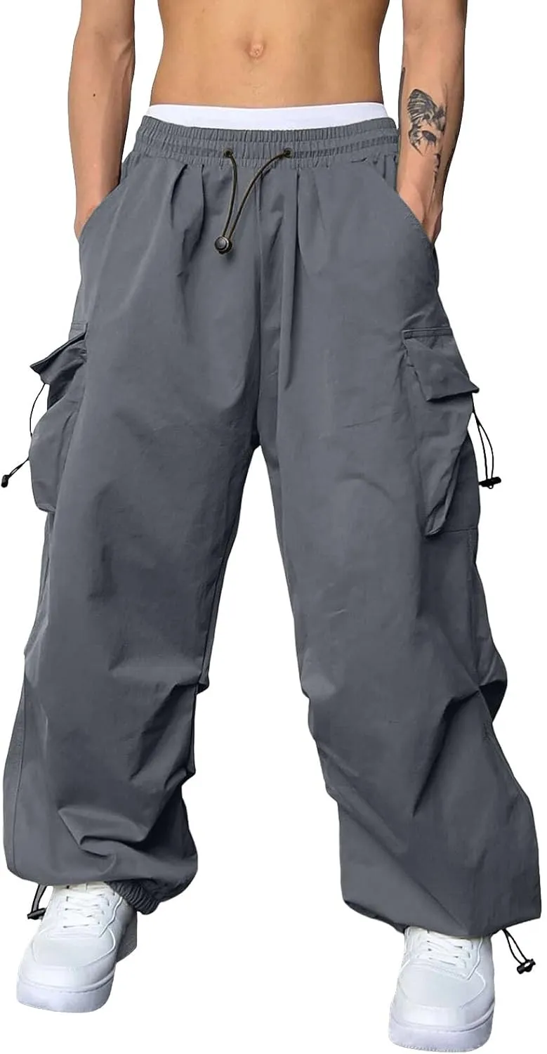 Men's Work Pants Loose Big Trousers Lace Straps Side 4 Pockets Casual Sports Trousers Suit Pants for Men