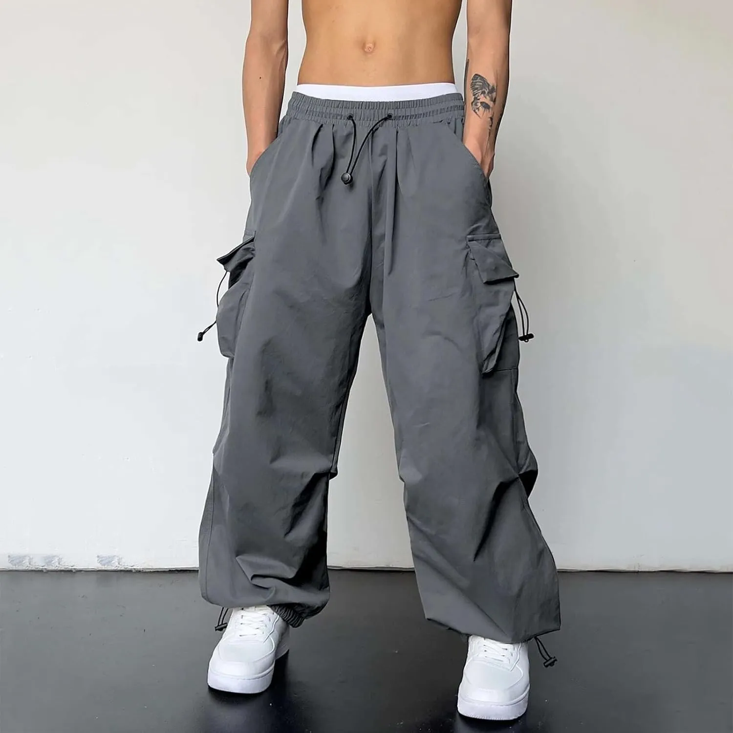 Men's Work Pants Loose Big Trousers Lace Straps Side 4 Pockets Casual Sports Trousers Suit Pants for Men