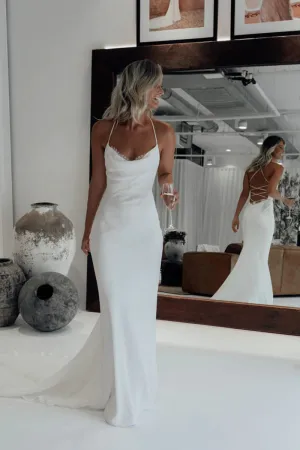 Mermaid Satin White Spaghetti-Straps Wedding Dresses With Lace-Up Back