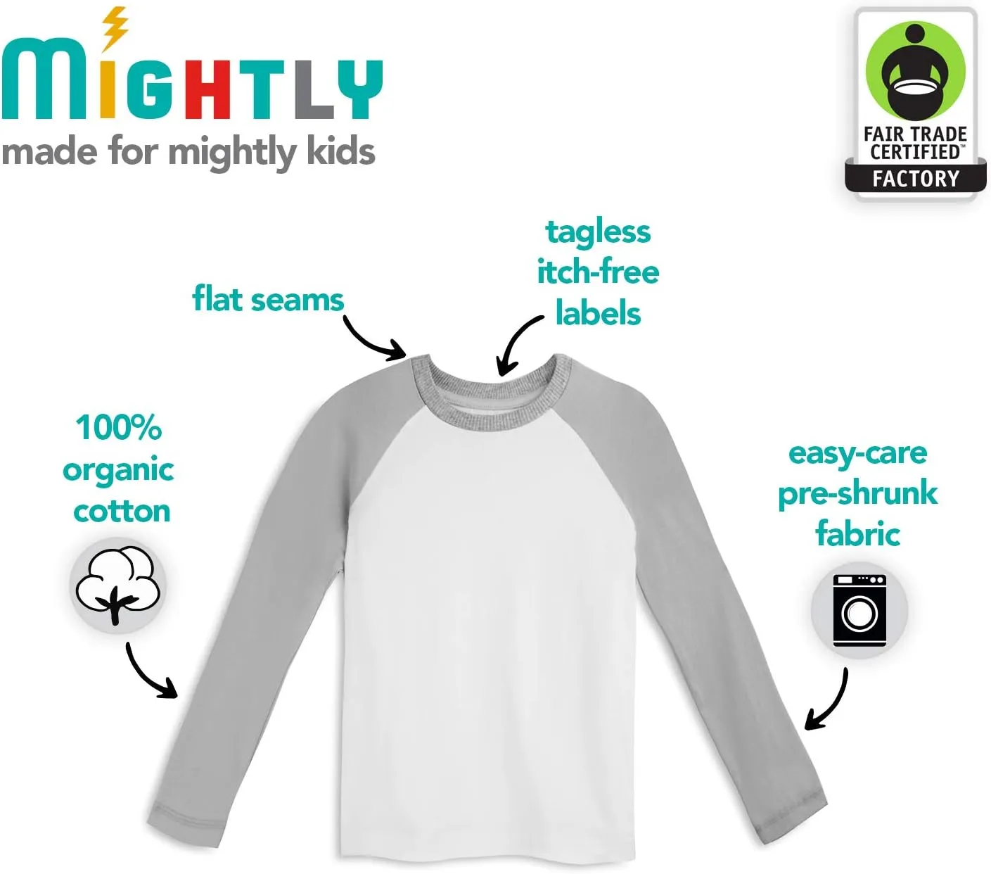 Mightly Boys and Girls' Long Sleeve Raglan Shirt | Organic Cotton, Colorful Casual Stylish Clothes, Soft&Fresh Crew Neck Tee