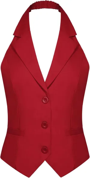 MINTLIMIT Womens Halter Neck Vest Notch Lapel Button Front Waistcoat Vintage Dressy Crop Tuxedo Suit Vests with Pockets