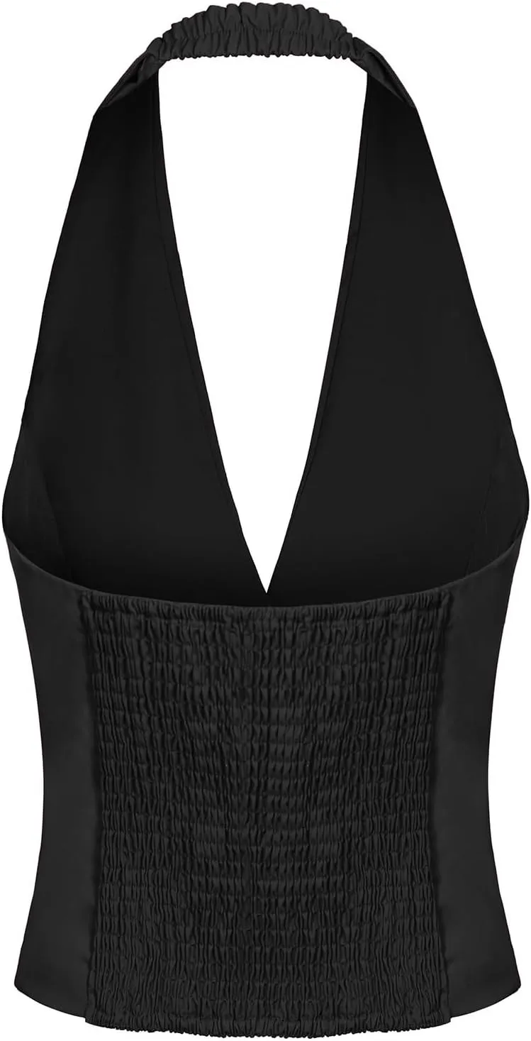 MINTLIMIT Womens Halter Neck Vest Notch Lapel Button Front Waistcoat Vintage Dressy Crop Tuxedo Suit Vests with Pockets