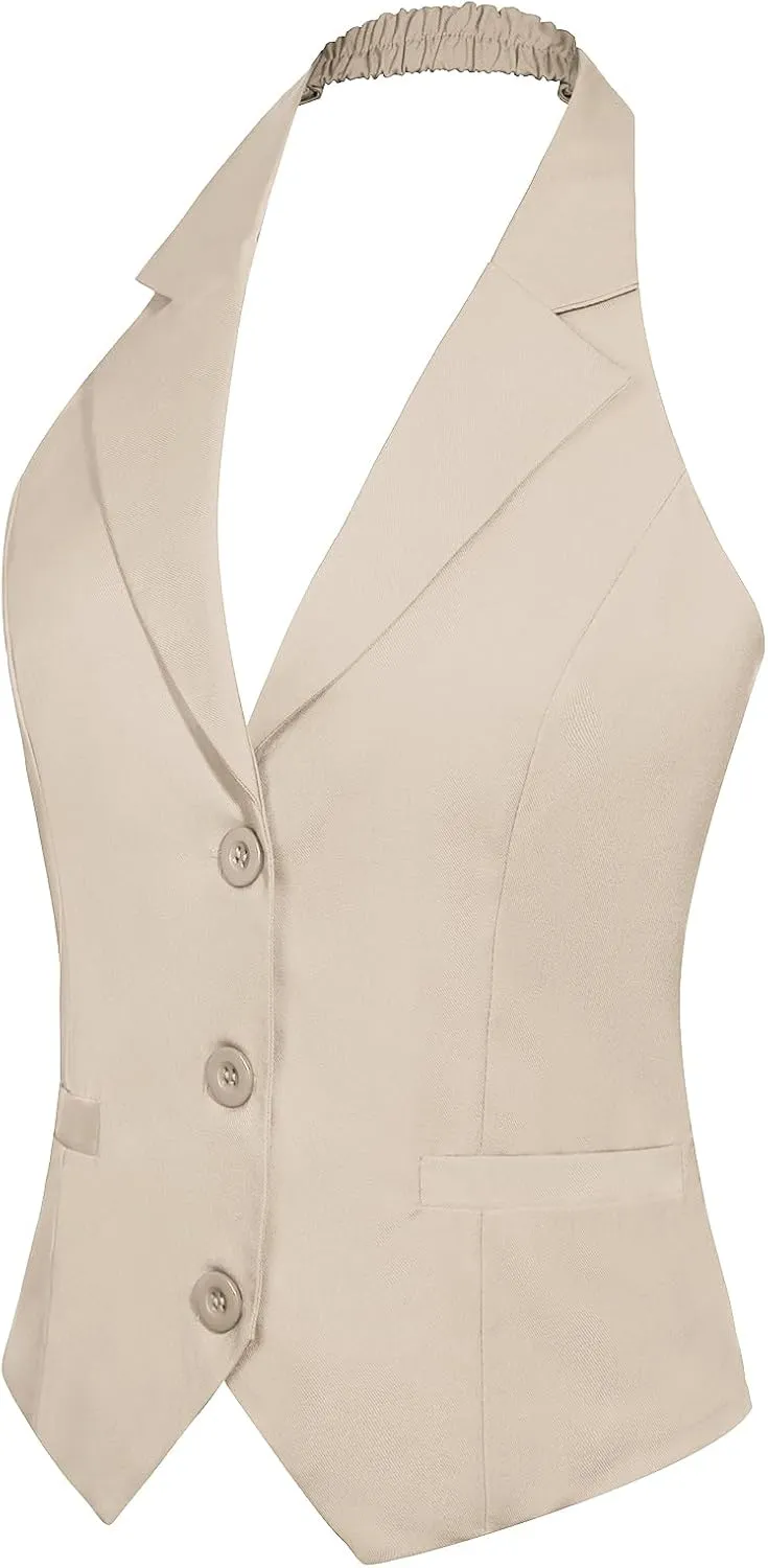 MINTLIMIT Womens Halter Neck Vest Notch Lapel Button Front Waistcoat Vintage Dressy Crop Tuxedo Suit Vests with Pockets