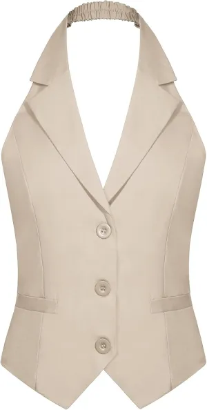 MINTLIMIT Womens Halter Neck Vest Notch Lapel Button Front Waistcoat Vintage Dressy Crop Tuxedo Suit Vests with Pockets