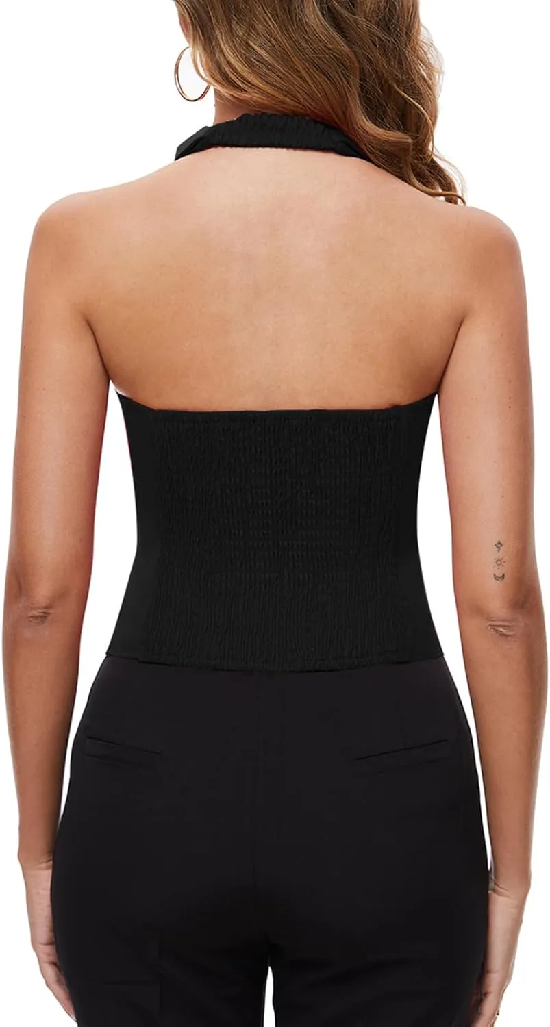 MINTLIMIT Womens Halter Neck Vest Notch Lapel Button Front Waistcoat Vintage Dressy Crop Tuxedo Suit Vests with Pockets