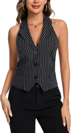 MINTLIMIT Womens Halter Neck Vest Notch Lapel Button Front Waistcoat Vintage Dressy Crop Tuxedo Suit Vests with Pockets