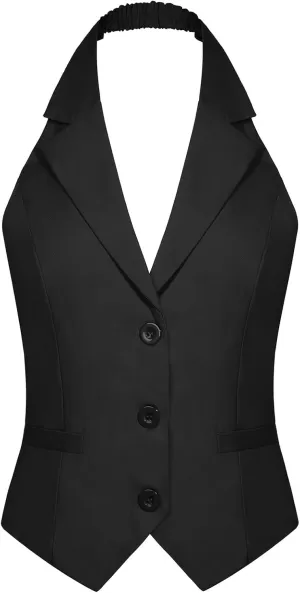 MINTLIMIT Womens Halter Neck Vest Notch Lapel Button Front Waistcoat Vintage Dressy Crop Tuxedo Suit Vests with Pockets