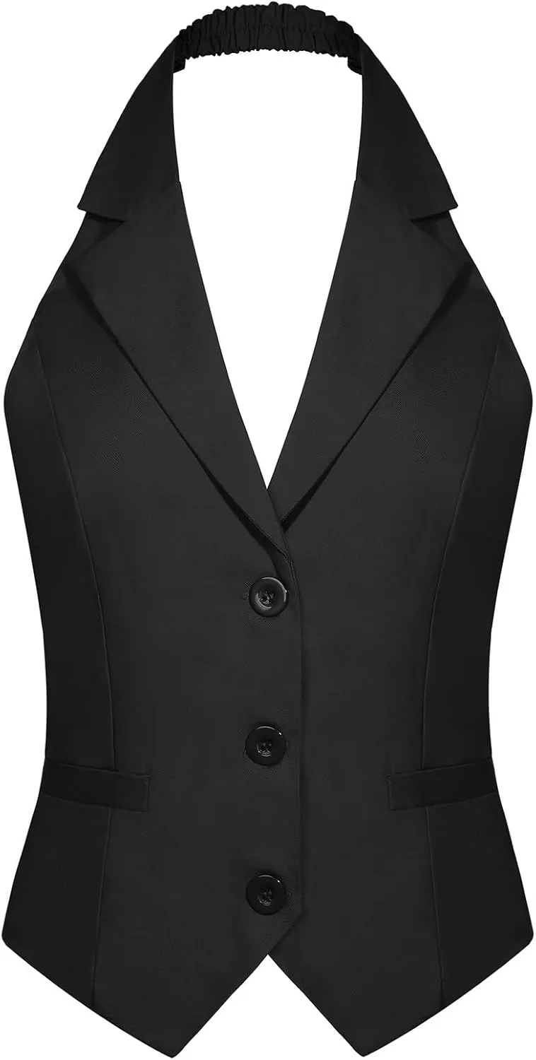 MINTLIMIT Womens Halter Neck Vest Notch Lapel Button Front Waistcoat Vintage Dressy Crop Tuxedo Suit Vests with Pockets