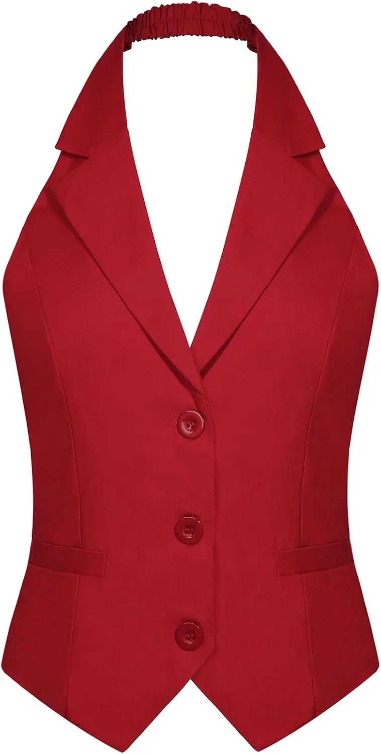 MINTLIMIT Womens Halter Neck Vest Notch Lapel Button Front Waistcoat Vintage Dressy Crop Tuxedo Suit Vests with Pockets