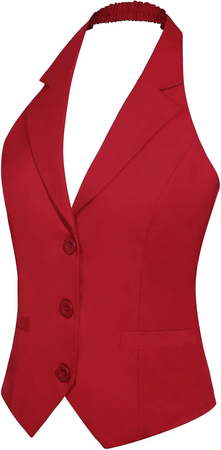 MINTLIMIT Womens Halter Neck Vest Notch Lapel Button Front Waistcoat Vintage Dressy Crop Tuxedo Suit Vests with Pockets