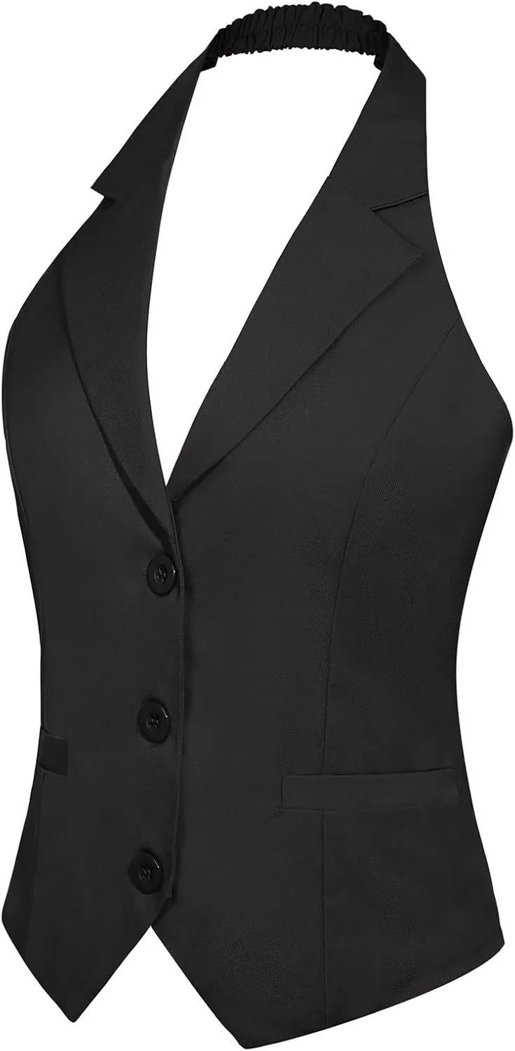 MINTLIMIT Womens Halter Neck Vest Notch Lapel Button Front Waistcoat Vintage Dressy Crop Tuxedo Suit Vests with Pockets