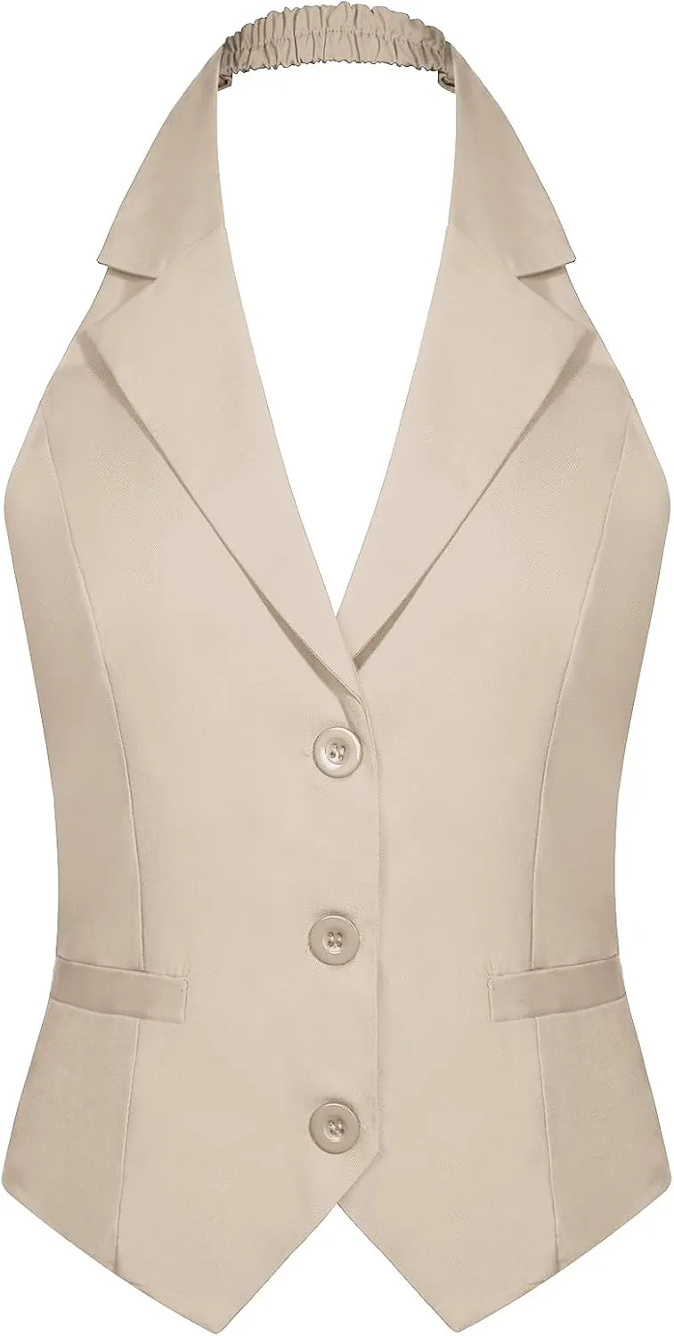 MINTLIMIT Womens Halter Neck Vest Notch Lapel Button Front Waistcoat Vintage Dressy Crop Tuxedo Suit Vests with Pockets