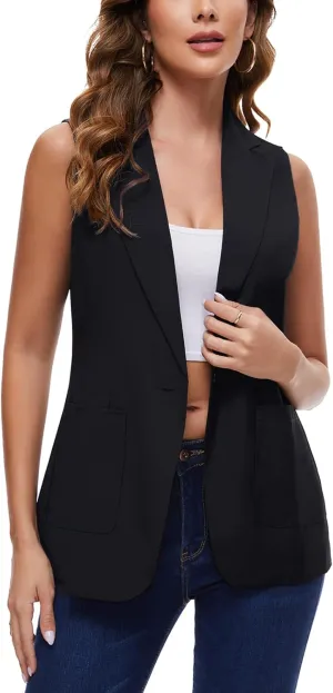 MINTLIMIT Women's Sleeveless Blazer Vest Summer Casual Open Front Lapel Collar Work Office Button Suit Vests with Pockets