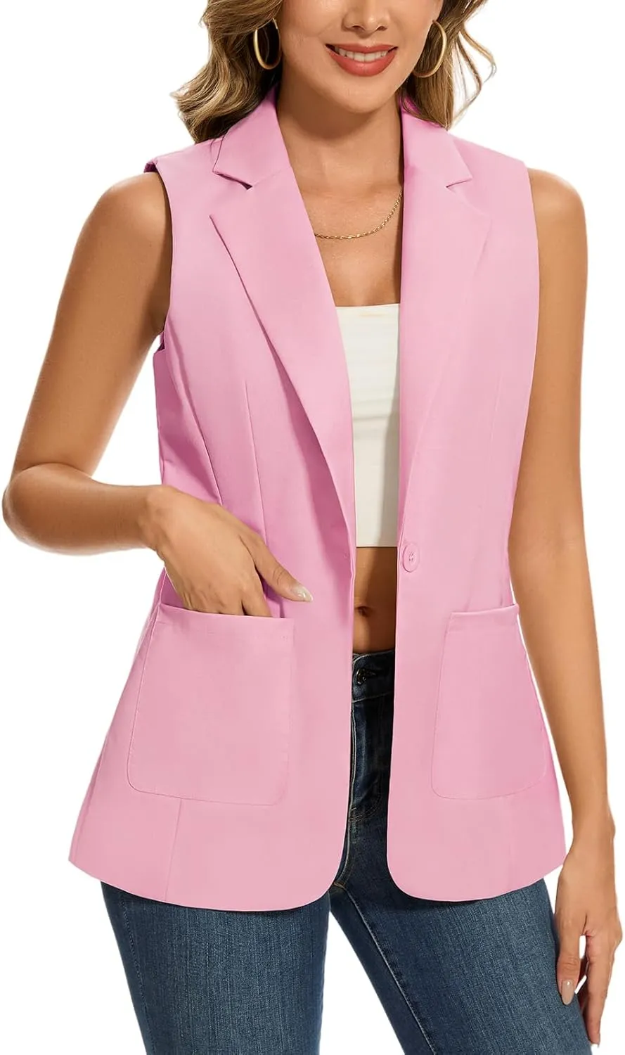 MINTLIMIT Women's Sleeveless Blazer Vest Summer Casual Open Front Lapel Collar Work Office Button Suit Vests with Pockets