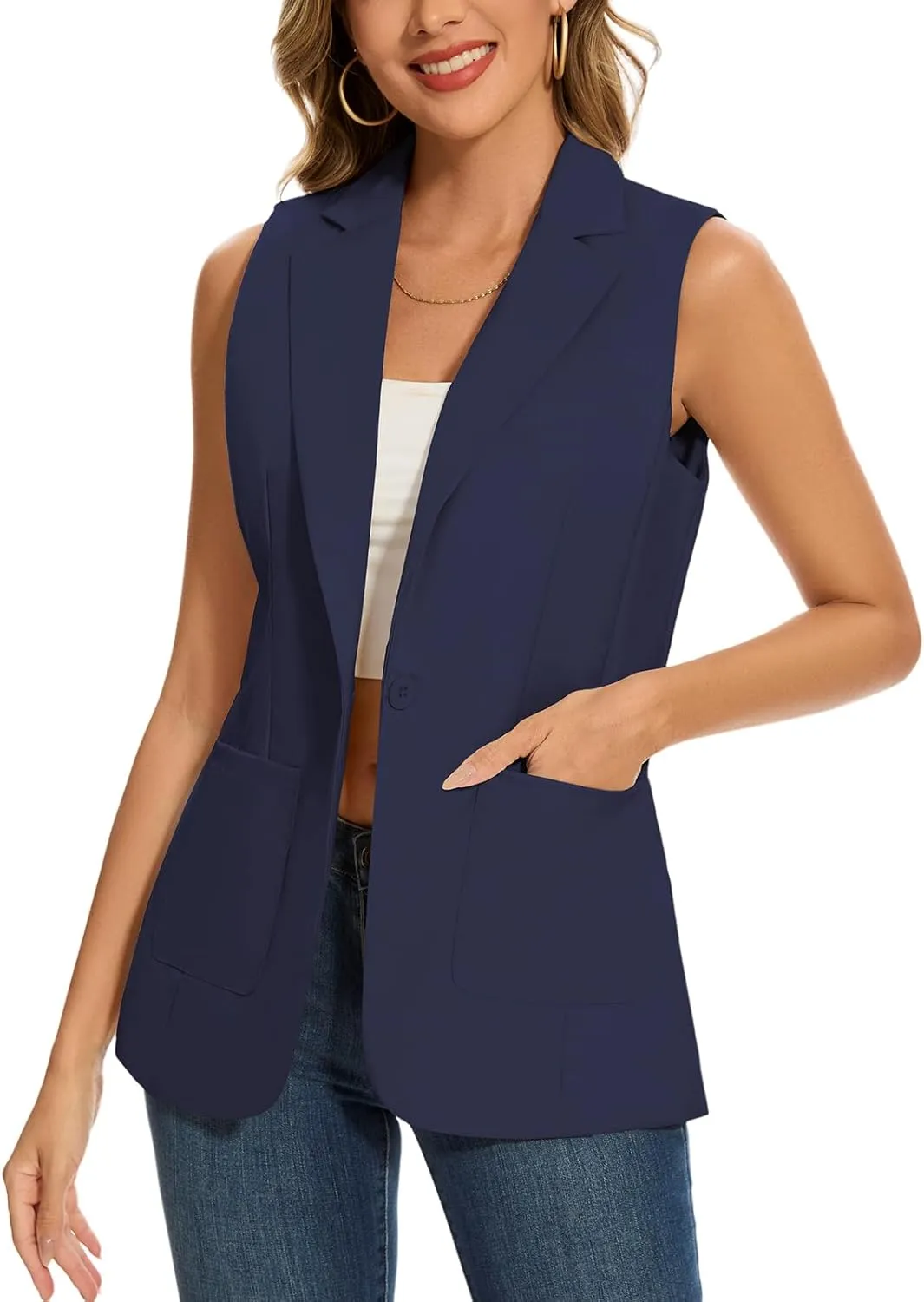 MINTLIMIT Women's Sleeveless Blazer Vest Summer Casual Open Front Lapel Collar Work Office Button Suit Vests with Pockets
