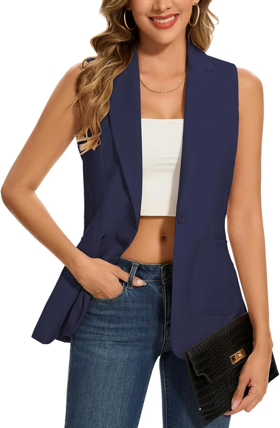 MINTLIMIT Women's Sleeveless Blazer Vest Summer Casual Open Front Lapel Collar Work Office Button Suit Vests with Pockets