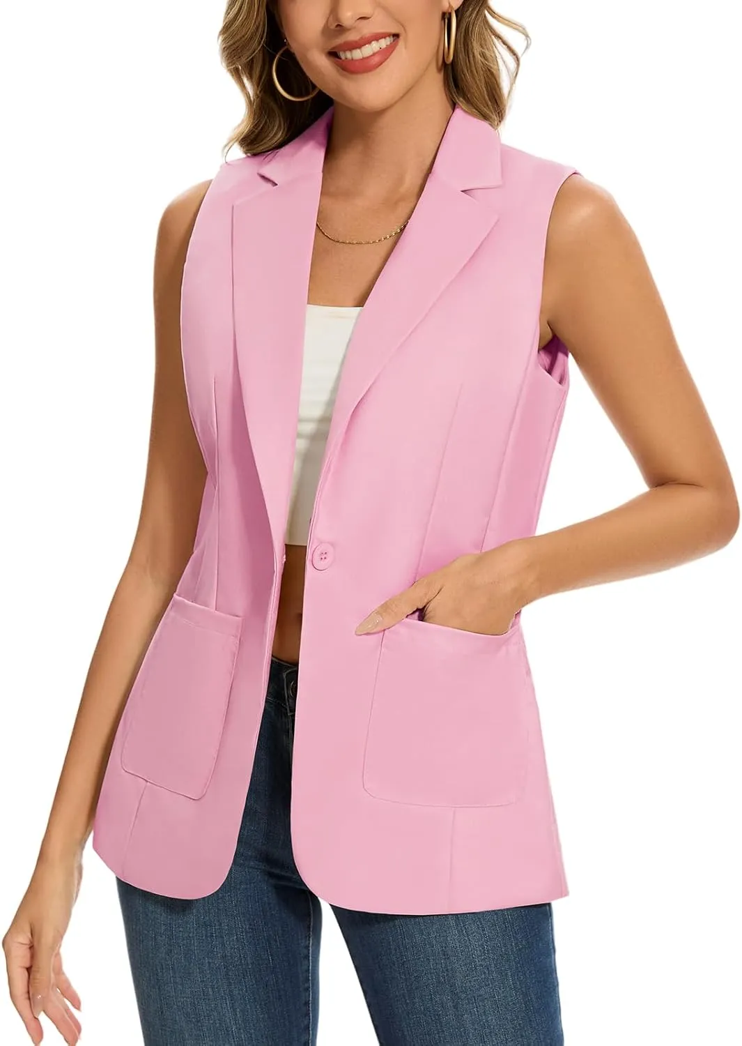MINTLIMIT Women's Sleeveless Blazer Vest Summer Casual Open Front Lapel Collar Work Office Button Suit Vests with Pockets