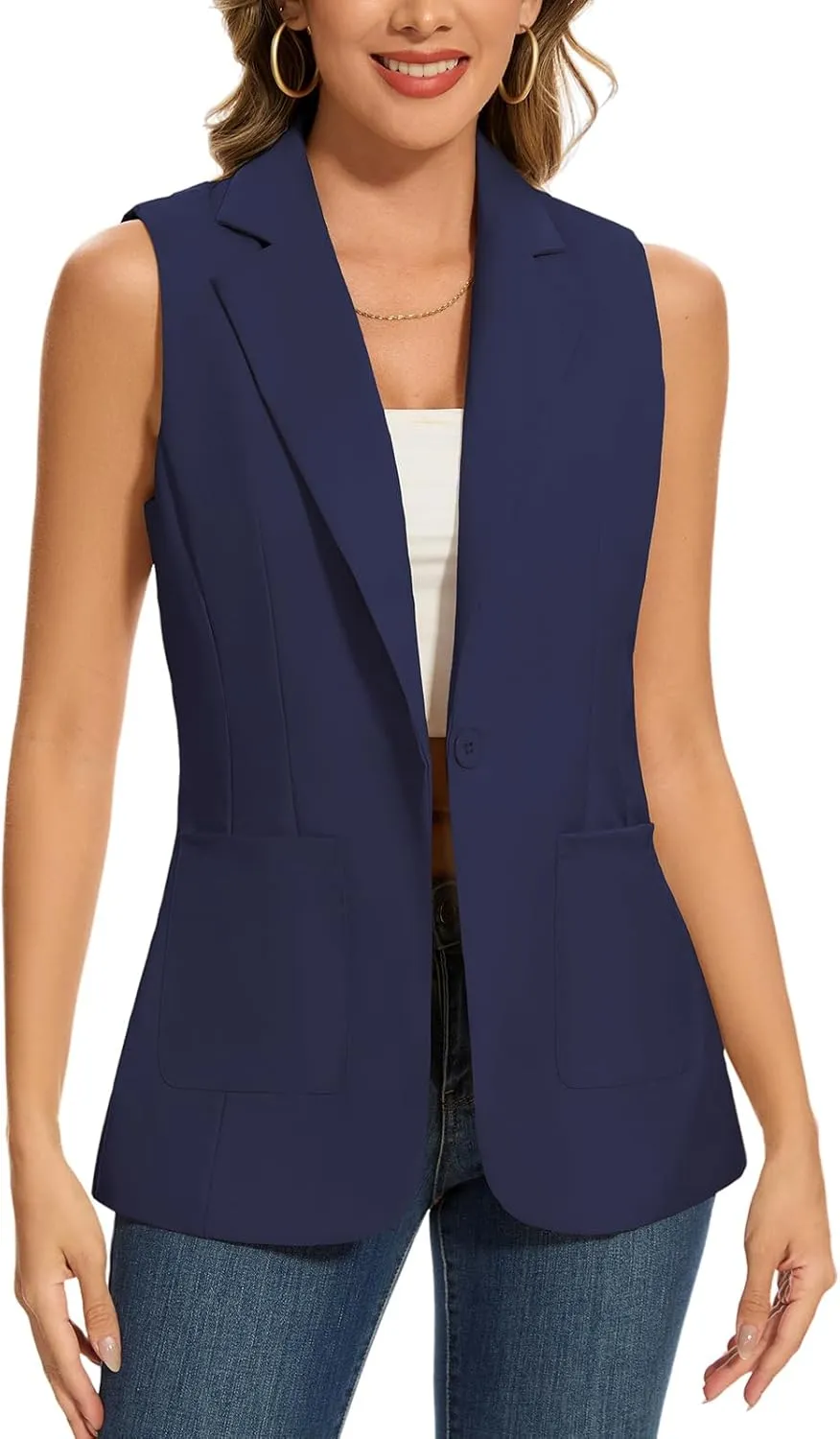 MINTLIMIT Women's Sleeveless Blazer Vest Summer Casual Open Front Lapel Collar Work Office Button Suit Vests with Pockets