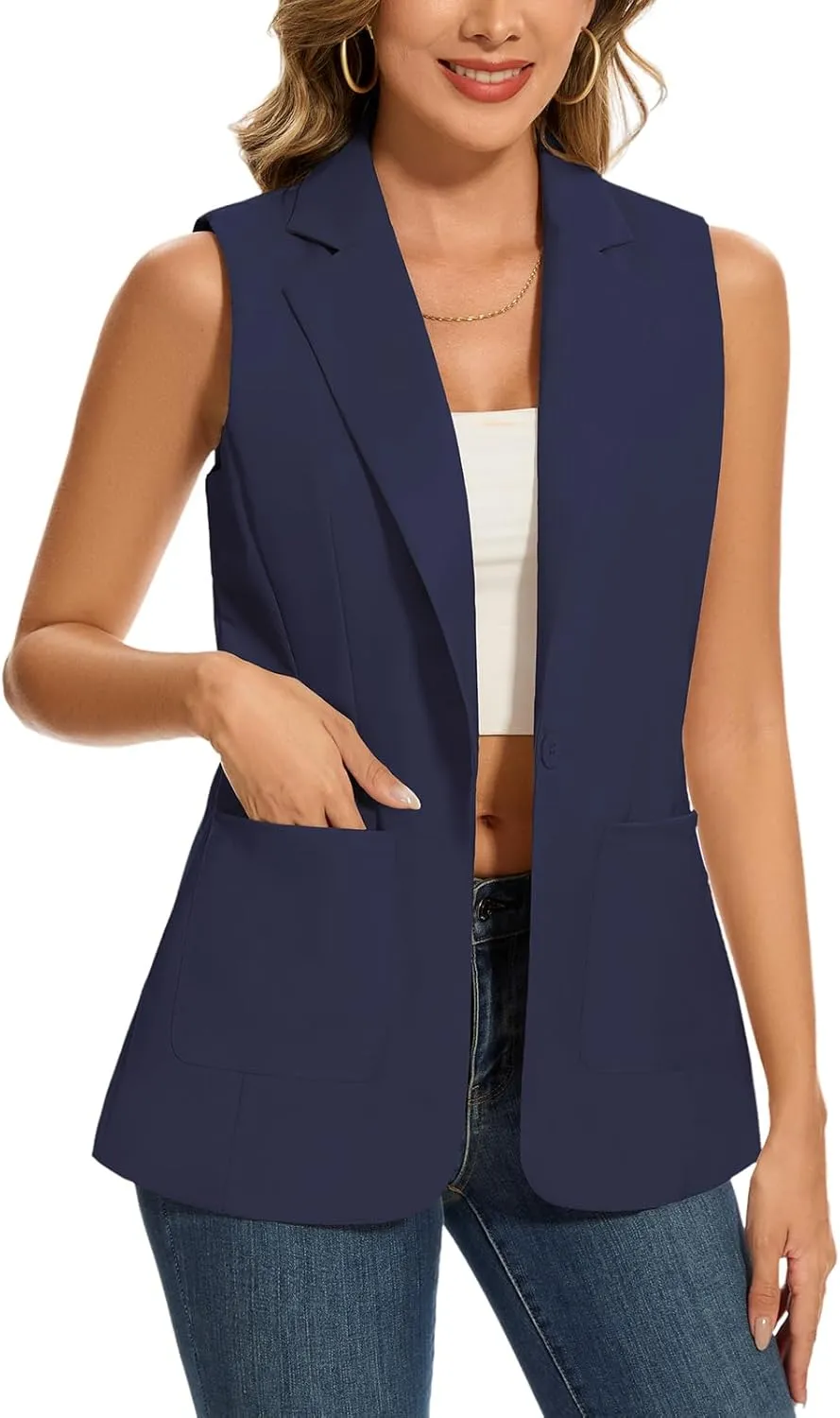 MINTLIMIT Women's Sleeveless Blazer Vest Summer Casual Open Front Lapel Collar Work Office Button Suit Vests with Pockets
