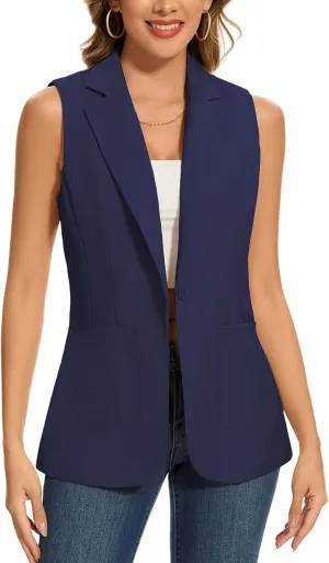 MINTLIMIT Women's Sleeveless Blazer Vest Summer Casual Open Front Lapel Collar Work Office Button Suit Vests with Pockets