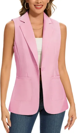 MINTLIMIT Women's Sleeveless Blazer Vest Summer Casual Open Front Lapel Collar Work Office Button Suit Vests with Pockets