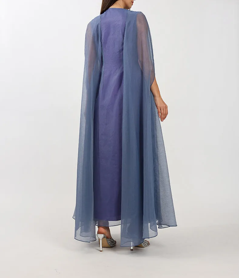 Navy Blue Organza Dress With Handmade Embellishments