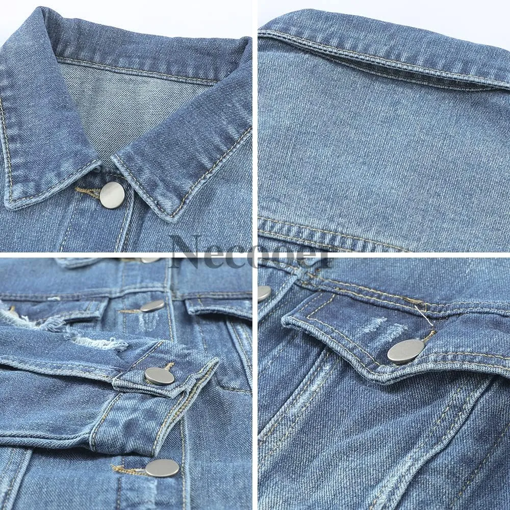 Necooer Women's Jean Jacket Distressed Washed Button Up Boyfriend Denim Jacket Coat With Pockets
