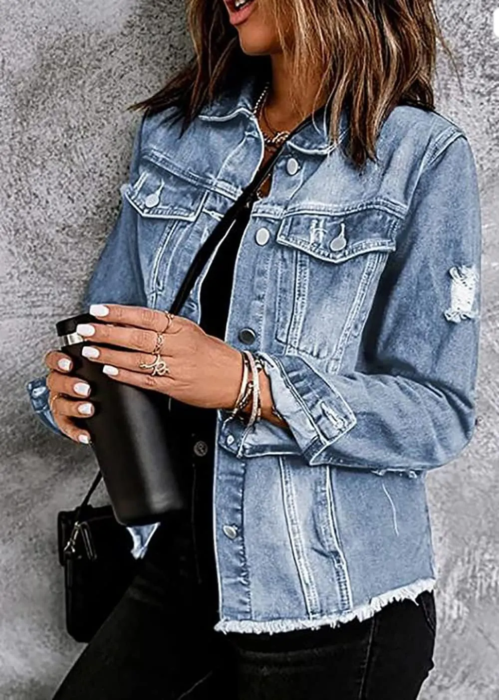 Necooer Women's Jean Jacket Distressed Washed Button Up Boyfriend Denim Jacket Coat With Pockets