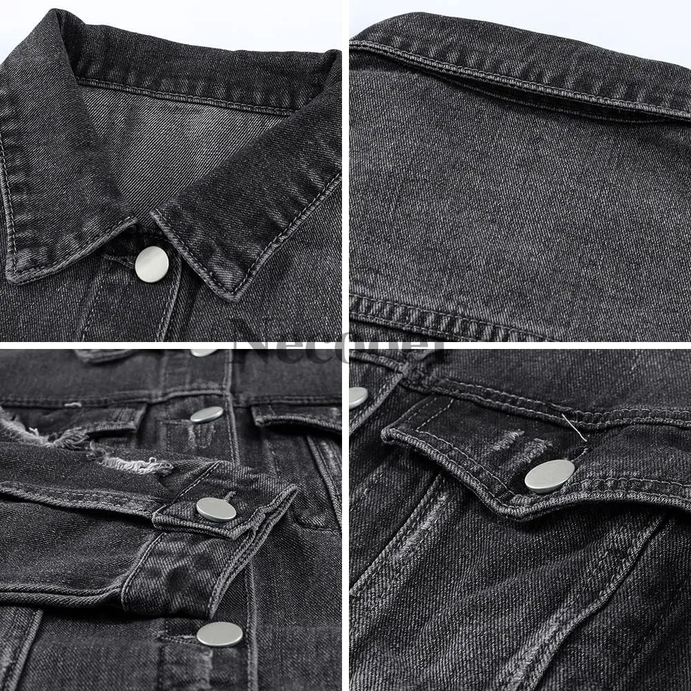 Necooer Women's Jean Jacket Distressed Washed Button Up Boyfriend Denim Jacket Coat With Pockets