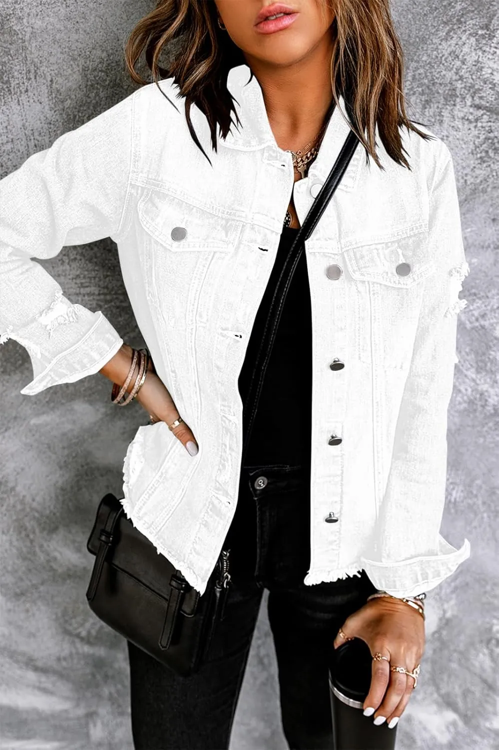 Necooer Women's Jean Jacket Distressed Washed Button Up Boyfriend Denim Jacket Coat With Pockets