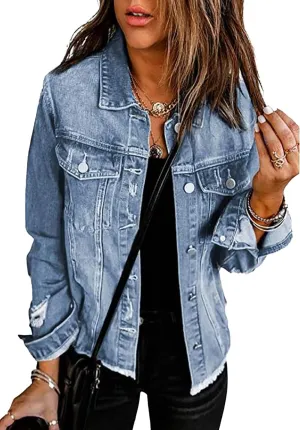 Necooer Women's Jean Jacket Distressed Washed Button Up Boyfriend Denim Jacket Coat With Pockets
