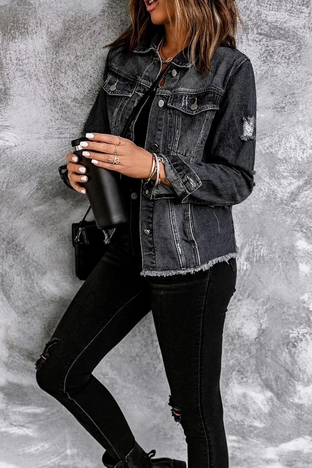 Necooer Women's Jean Jacket Distressed Washed Button Up Boyfriend Denim Jacket Coat With Pockets