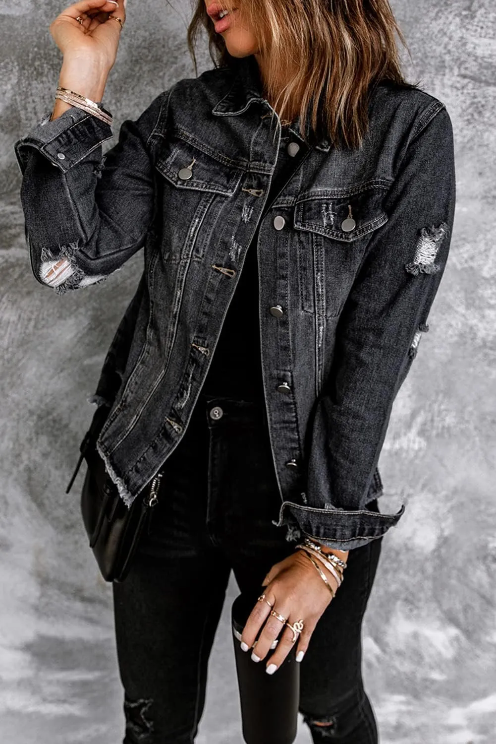 Necooer Women's Jean Jacket Distressed Washed Button Up Boyfriend Denim Jacket Coat With Pockets