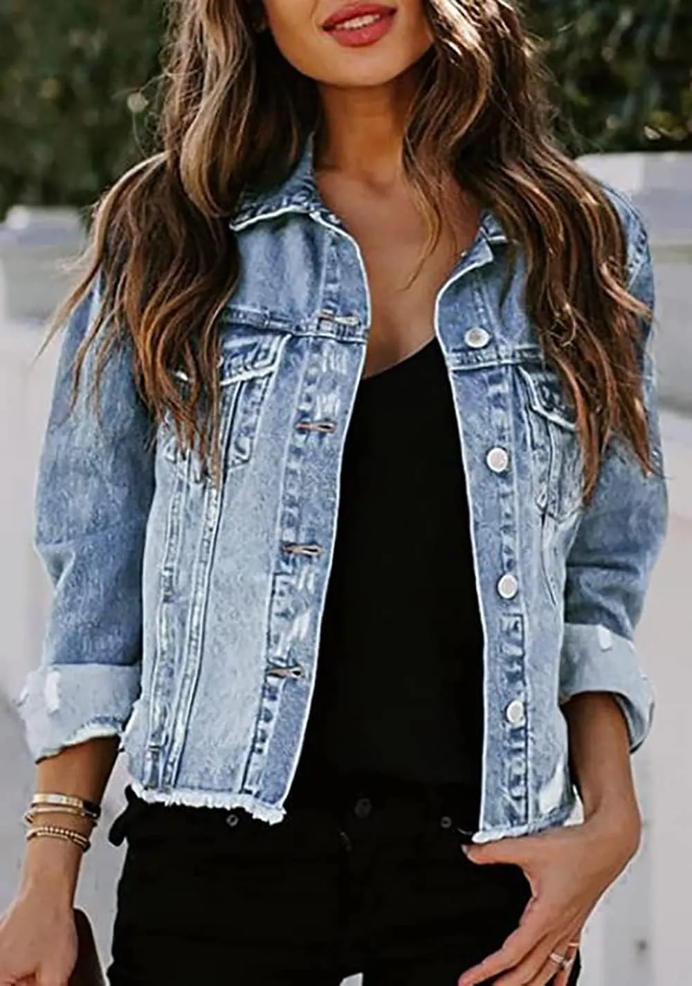 Necooer Women's Jean Jacket Distressed Washed Button Up Boyfriend Denim Jacket Coat With Pockets