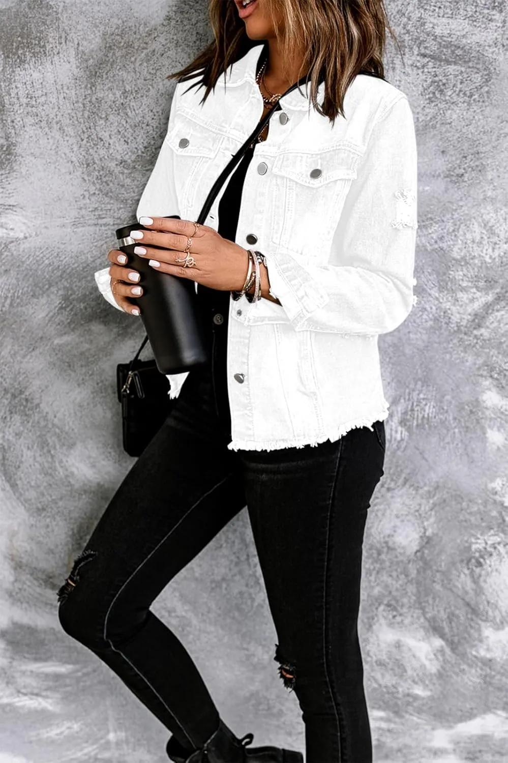 Necooer Women's Jean Jacket Distressed Washed Button Up Boyfriend Denim Jacket Coat With Pockets