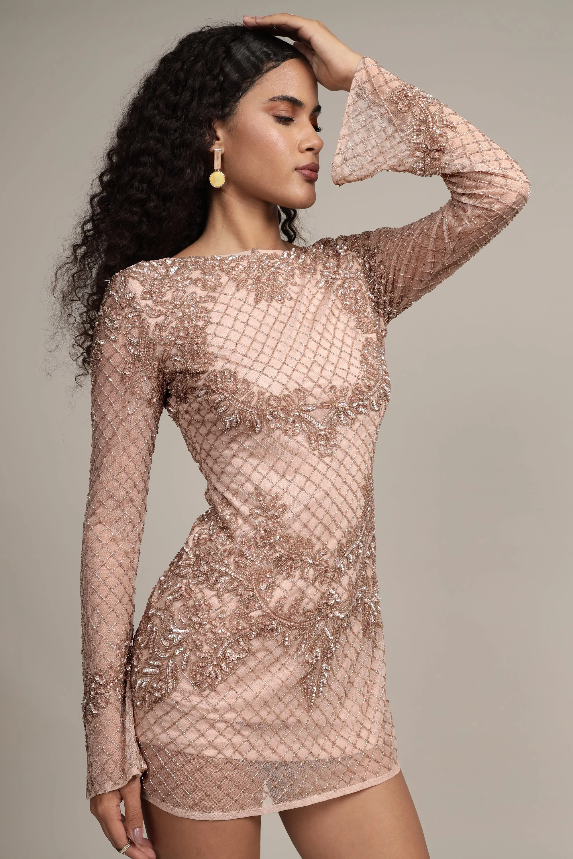 Nela Embellished Mini Dress in Mink