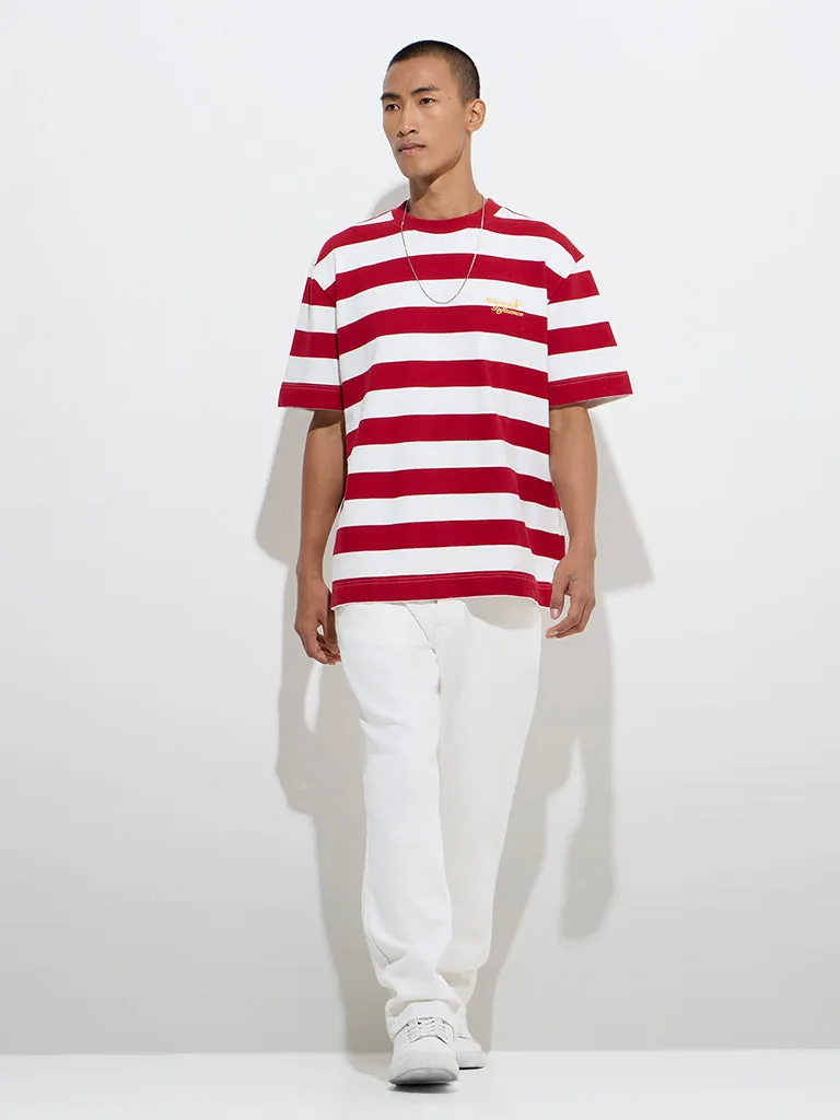 Nuon Red Striped Relaxed-Fit Cotton T-Shirt