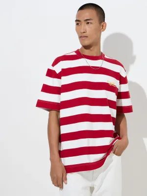 Nuon Red Striped Relaxed-Fit Cotton T-Shirt