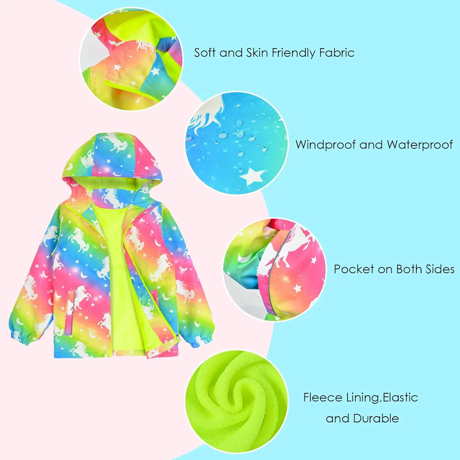 OlyPegic Girls Rain Jacket Waterproof Hooded Fleece Lined Lightweight Windbreaker Kids Windproof Jackets Raincoats Kids